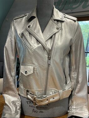 Michael Kors Silver Metallic Leather Moto Jacket with Belted Waist